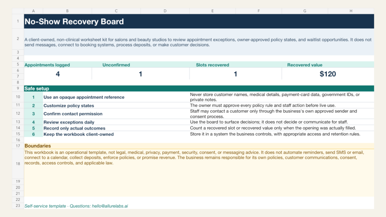 Preview of the No-Show Recovery Board Start Here sheet with synthetic demonstration metrics
